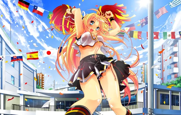 The sky, girl, clouds, smile, flags