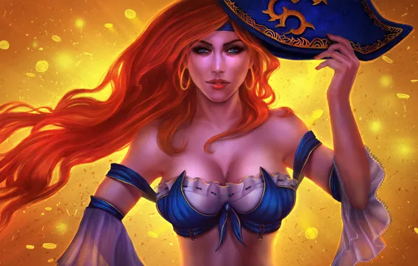 Picture girl, hat, red, lol, League of Legends, Bounty Hunter, Miss Fortune
