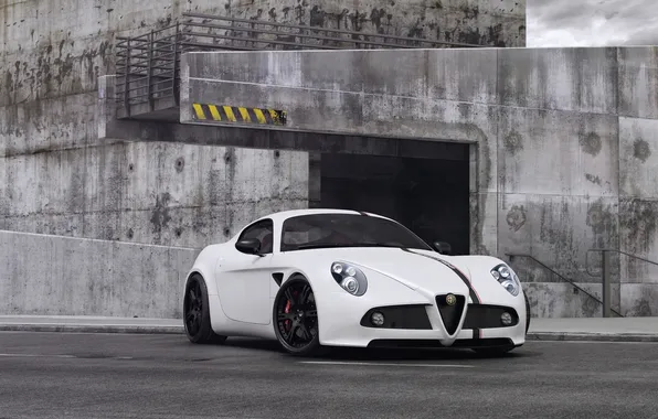 White, background, tuning, Alfa Romeo, supercar, tuning, Wheelsandmore, the front
