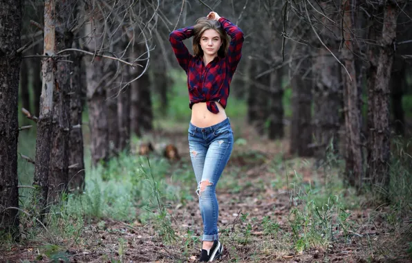 Girl, Tree, Look, Jeans, Shirt, Sneakers