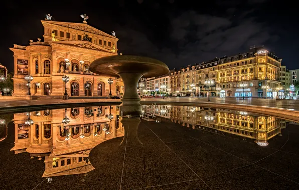 Reflection, building, Germany, fountain, night city, Germany, Frankfurt am main, Frankfurt am Main