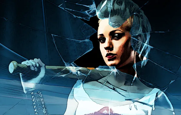 Girl, glass, bat, blonde, baseball, broken glass