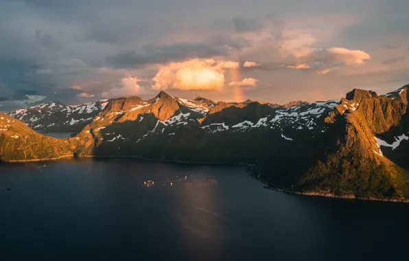 The sky, clouds, light, snow, mountains, rocks, tops, view