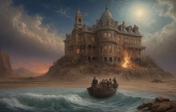 Sea, wave, people, castle, shore, boat, fantasy, arrival