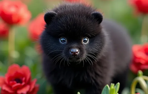Look, flowers, pose, black, portrait, puppy, face, bokeh