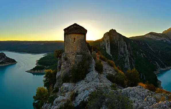 Sunset, mountains, stones, rocks, panorama, fortress, Spain, lake