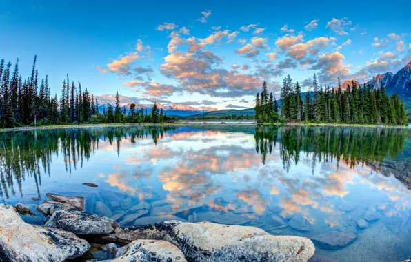 Forest, the sky, clouds, trees, mountains, lake, stones, Canada