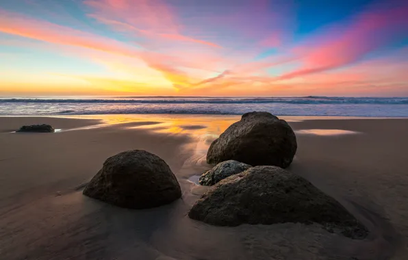 Sea, beach, the sky, clouds, light, stones