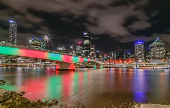 Night, bridge, lights, river, skyscrapers, Australia, megapolis, Brisbane