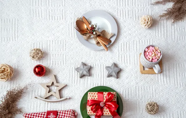 Balls, branches, table, box, gift, pattern, plate, Christmas