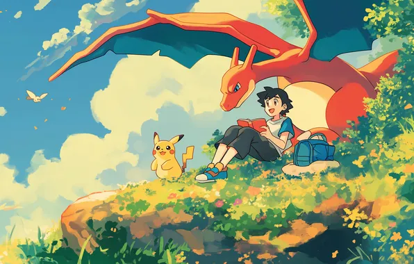 The sky, grass, clouds, open, wings, ash, Pikachu, backpack