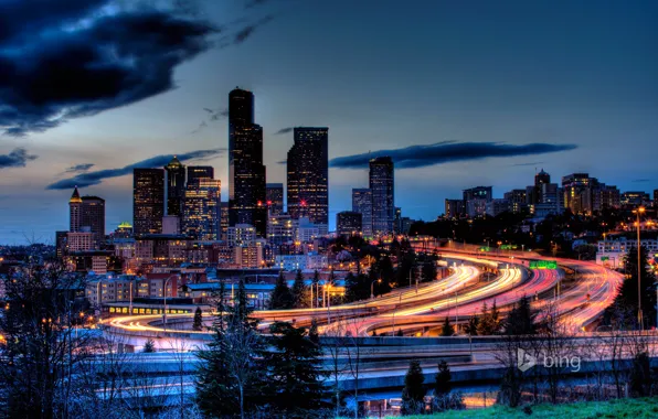 The sky, clouds, night, skyscraper, home, USA, downtown, seattle