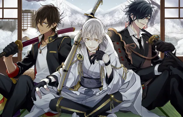 Katana, gloves, military uniform, eye patch, three guys, winter snow Park, Touken Ranbu, Tsurumaru Kuninagas