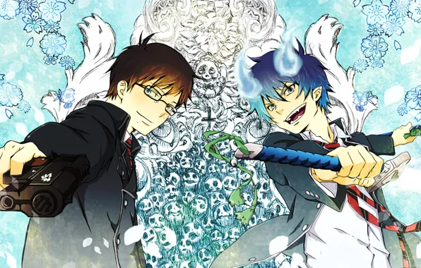Weapons, background, patterns, art, guys, Ao no Exorcist, Rin, Yukio