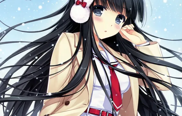 Picture girl, snow, the wind, anime, headphones, art, tie, form