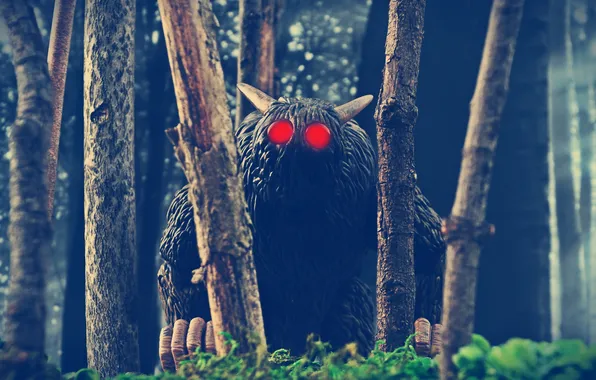 Picture forest, trees, toys, horns, red eyes, Bone, Rat Creature, Hairy Men