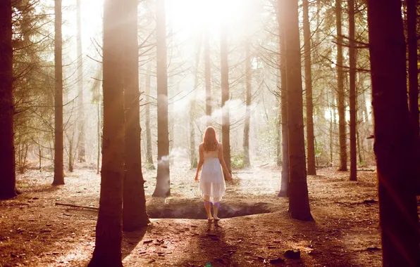 Picture forest, girl, trees, smoke, brown hair