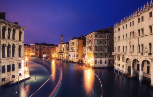 Water, night, the city, lights, home, the evening, excerpt, Venice