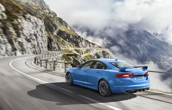 Jaguar, Clouds, Auto, Road, Mountains, Blue, Sedan, XFR-S