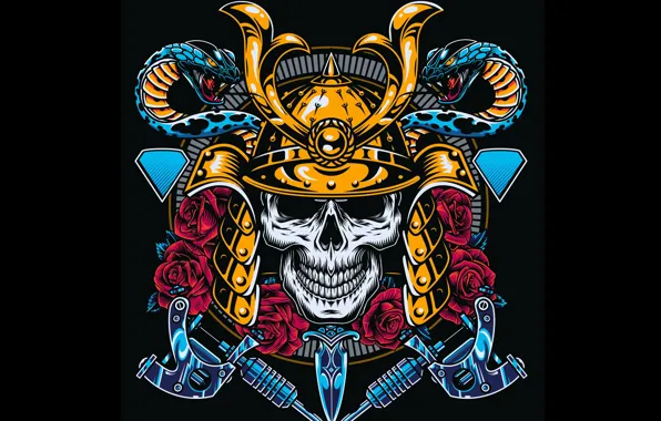 Picture Skull, Samurai, Black background, Dagger, Red roses, Snakes, Vector graphics, Metal Helmet