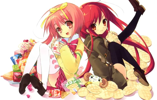 Sweets, sheep, sitting, buns, red hair, Shakugan no Shana, Shana, Crossovers