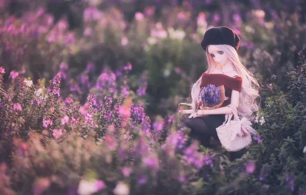 Girl, flowers, doll, blonde, takes