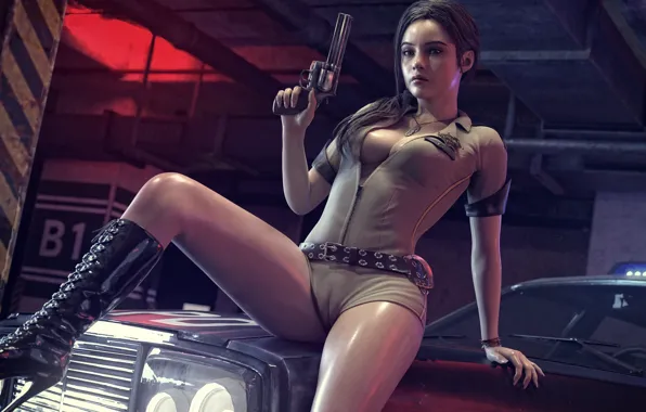 Machine, girl, gun, art, brown hair, cute, Claire Redfield, Claire Redfield