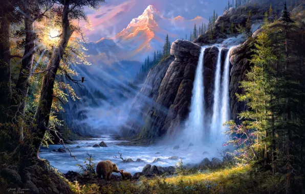 Forest, landscape, mountains, river, waterfall, bears, art, Jesse Barnes