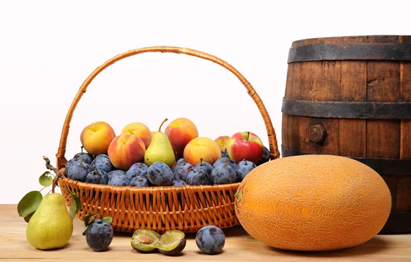 Basket, apples, fruit, peaches, plum, pear, melon, barrel