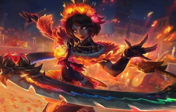 Picture smile, fire, dance, beautiful girl, League of Legends, video games, digital art, Riot Games