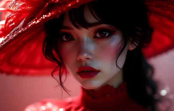 Brunette, beauty, blush, hat, Asian, bokeh, brown eyes, digital art