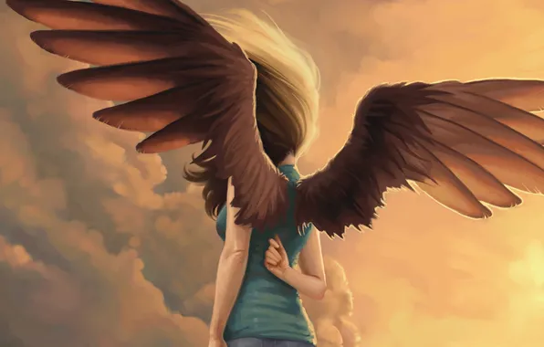 Girl, the wind, hair, wings, angel, art, back, Kelly Perry