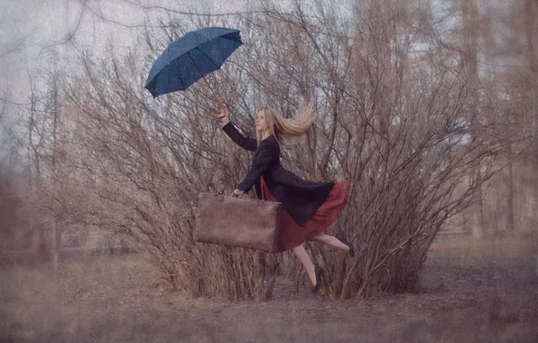 Picture girl, flight, umbrella, weather