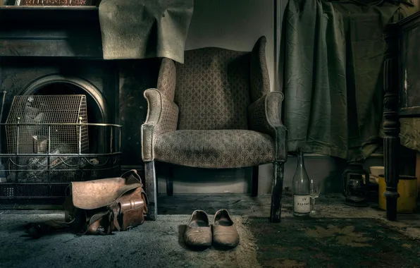 Picture bottle, chair, sneaker