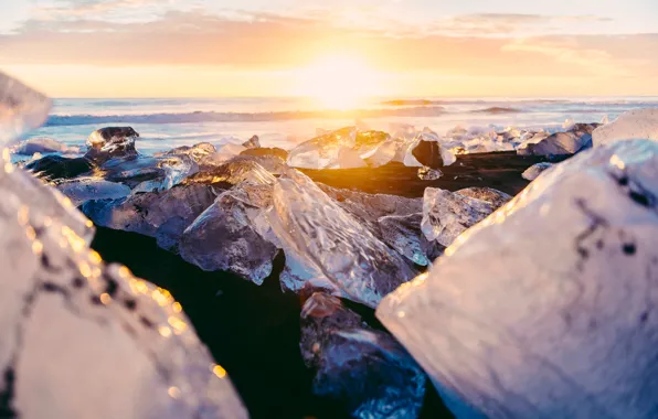 Winter, the sun, light, glare, ice, Iceland, bokeh, December