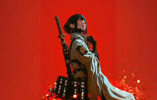 Picture red eyes, katana, anime girls, simple background, red background, white clothing, lone figure, AI Art