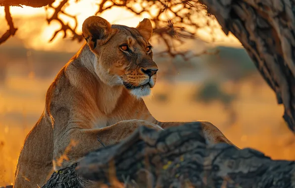 Tree, Look, Lioness, Face, Predator, Front, Digital art, Big Cats