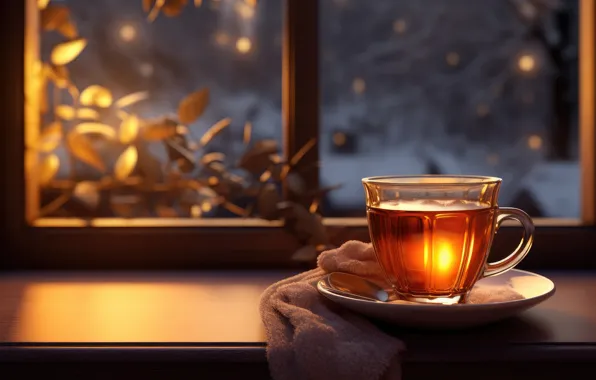 Winter, glass, light, comfort, tea, window, Christmas, mug