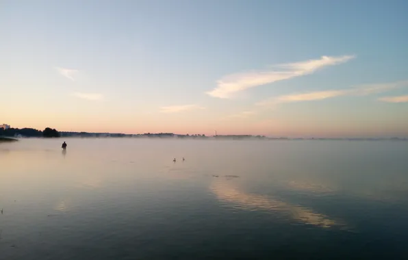 The sky, lake, duck, fisherman