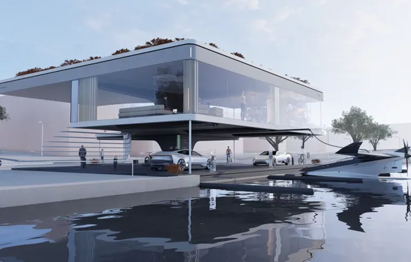 Picture Water, House, Garage, garage, Polestar, Polestar hydrogen seaplane, Future living, Electric Bike