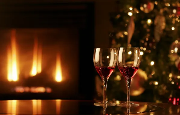 Picture comfort, fire, holiday, tree, glasses, fireplace