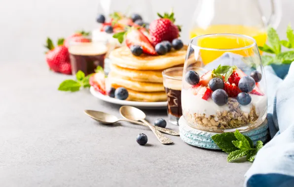 Glass, berries, Breakfast, juice, pancakes, muesli, orange, Iryna Melnyk