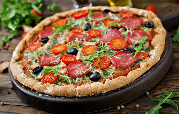 Greens, Board, food, meat, pepper, placer, pizza, tomatoes