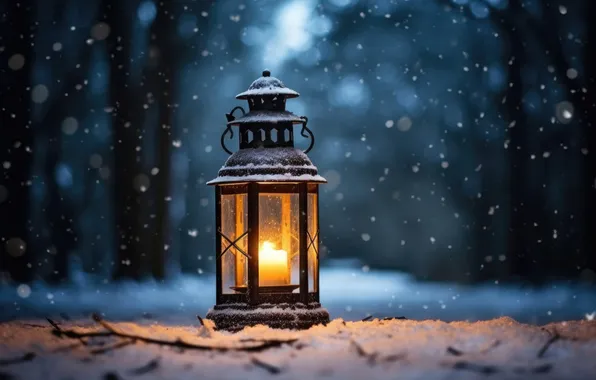 Winter, snow, night, Christmas, lantern, New year, Christmas, night