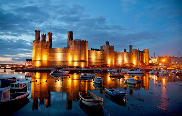 The sky, night, lights, castle, boat, tower, harbour, Wales