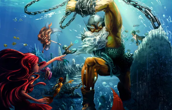 Chain, mermaid, under water, Poseidon
