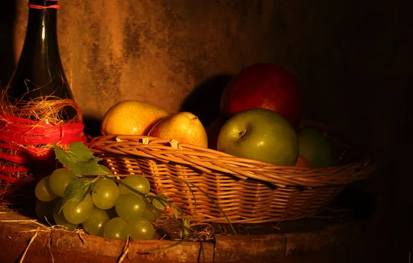 Bottle, Apple, grapes, pear
