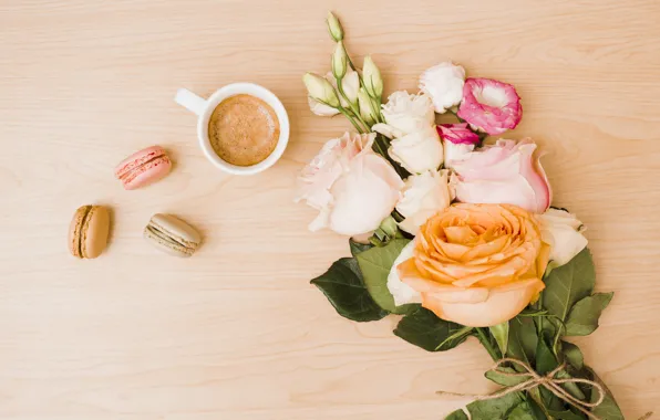 Roses, bouquet, Rose, cup, coffee, bouquet, eustoma, macaroons