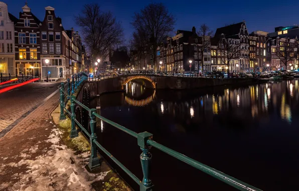 Trees, landscape, night, bridge, lights, reflection, river, people
