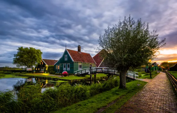 Picture grass, trees, landscape, sunset, nature, pond, village, home